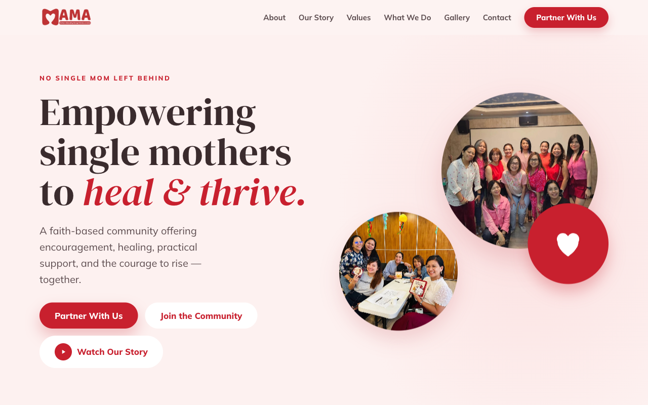 MAMA website hero — Empowering single mothers to heal & thrive